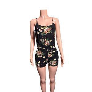 Ambiance black floral print adjustable cami romper M